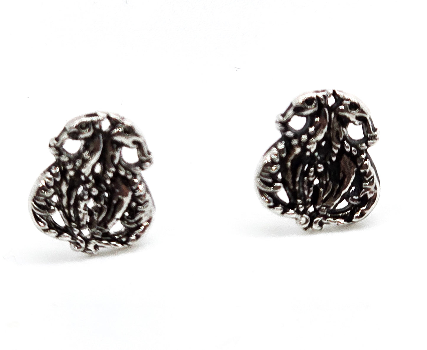 Double gryphon dragon shield petite vintage sterling silver stud earrings