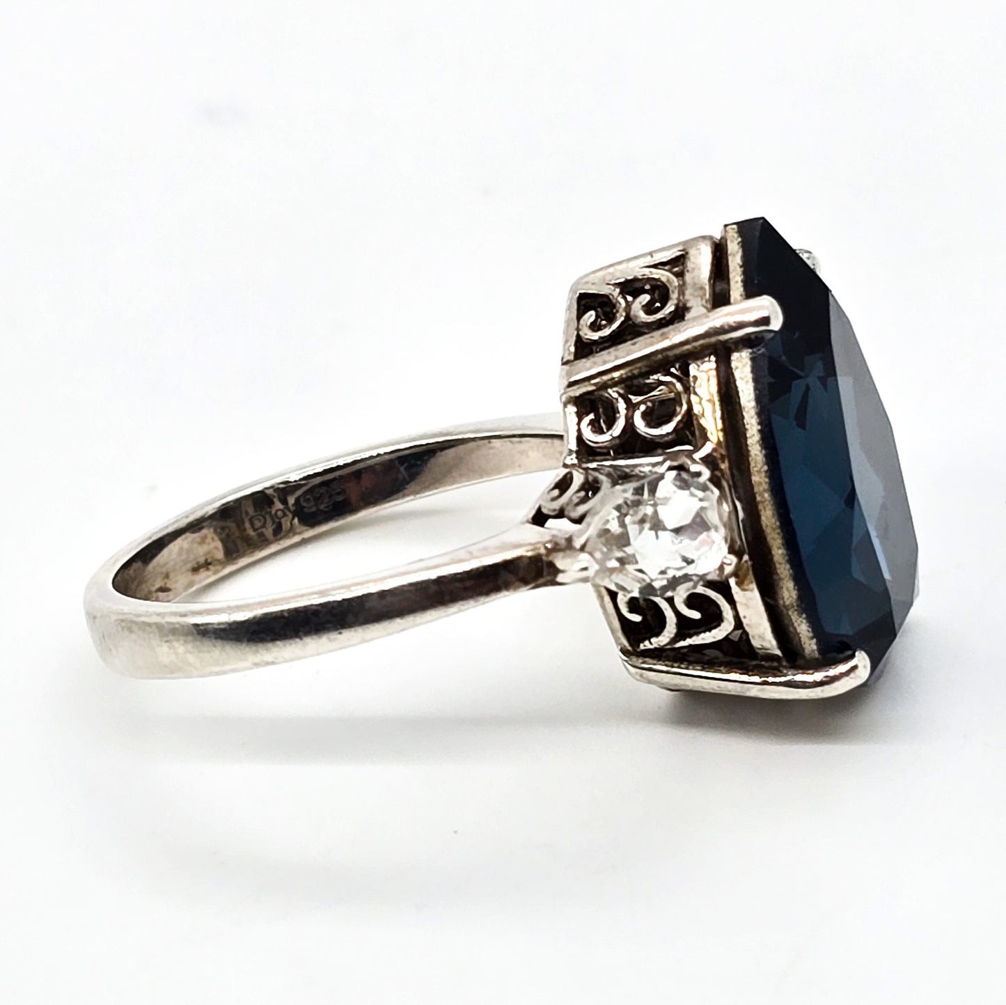 D'Joy Blue Cubic Zirconia Pear cut sterling silver ring with clear accents size 9