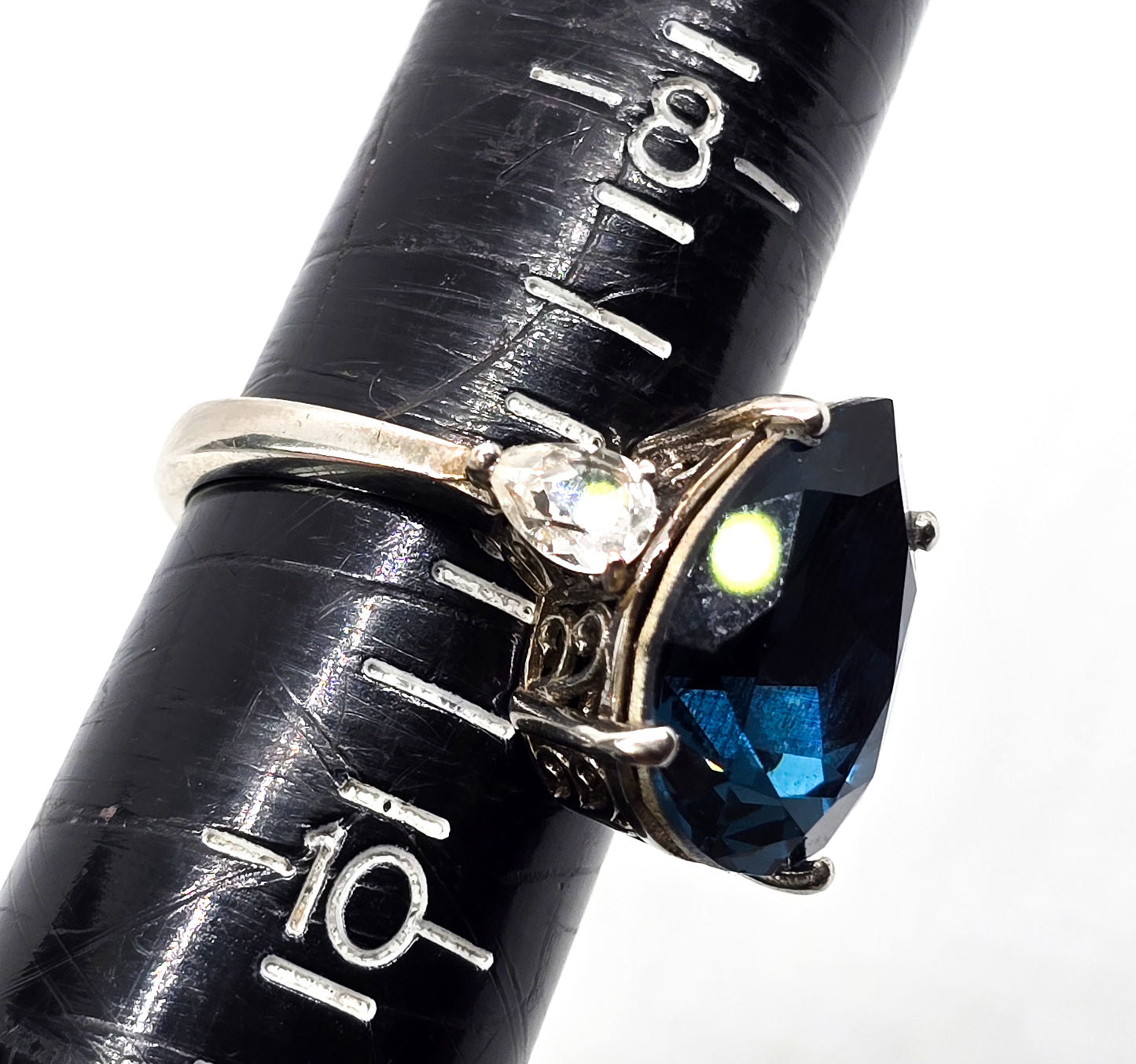 D'Joy Blue Cubic Zirconia Pear cut sterling silver ring with clear accents size 9