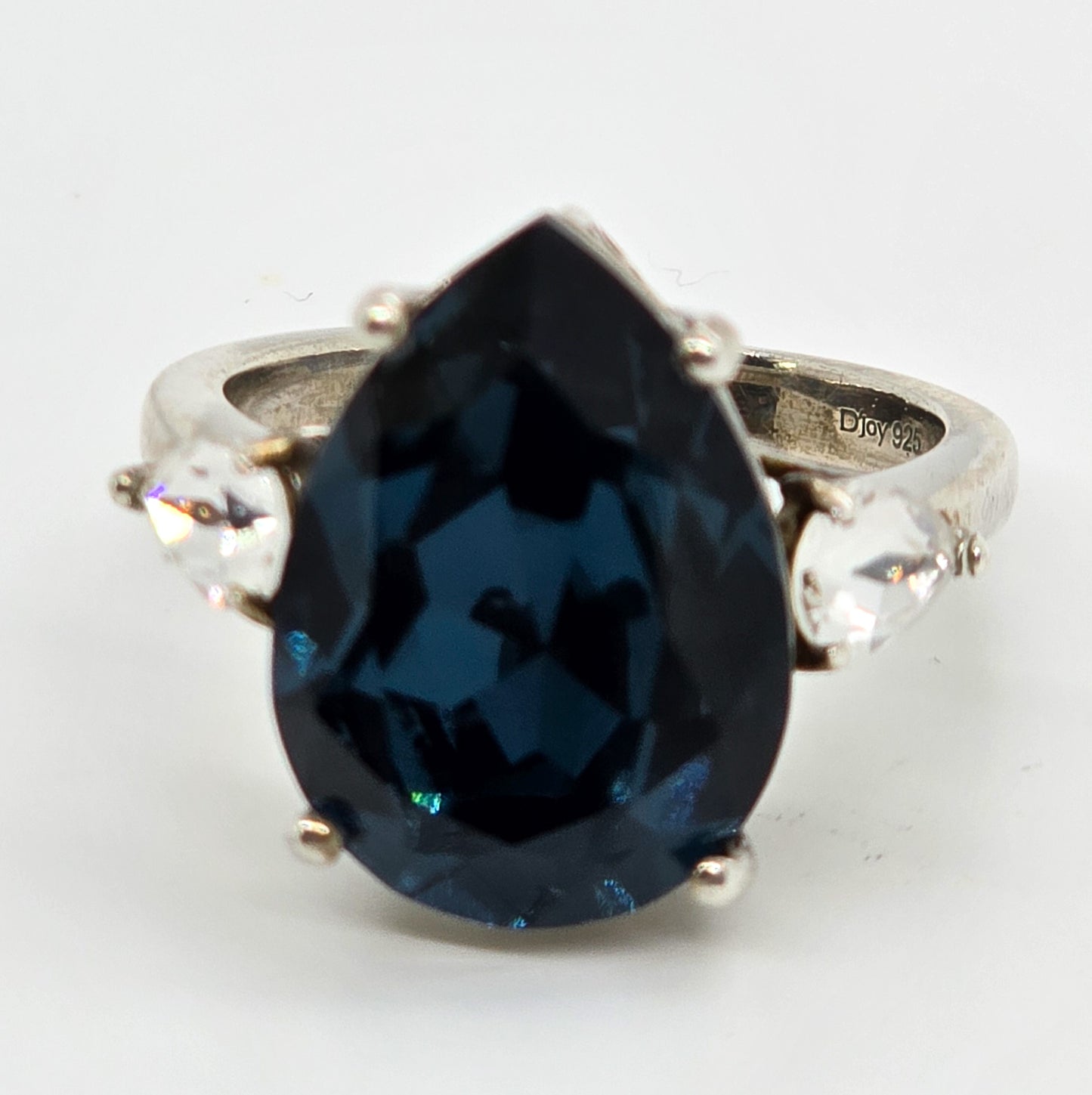 D'Joy Blue Cubic Zirconia Pear cut sterling silver ring with clear accents size 9