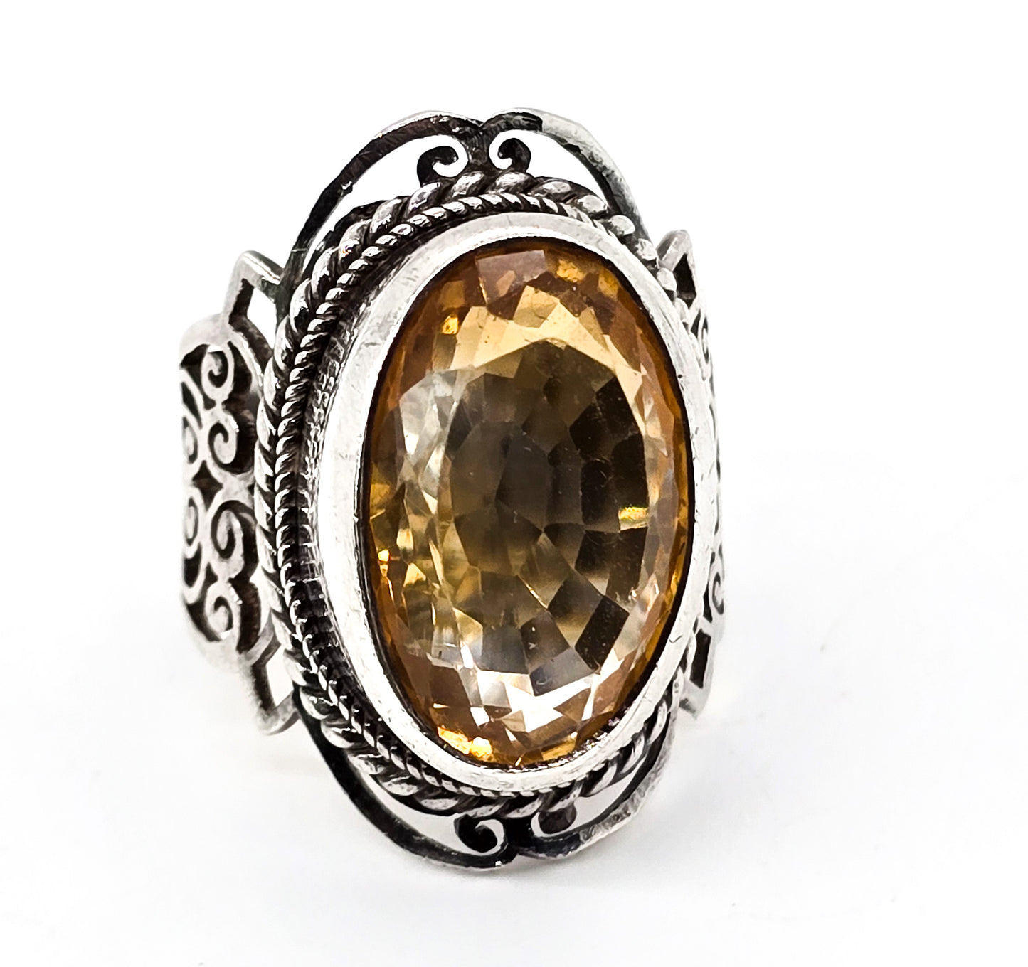 Large Faceted Citrine 15ct Bali Filigree open work sterling silver ring size 7 and 1/2