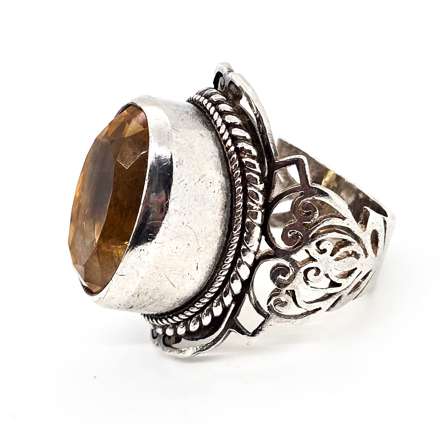Large Faceted Citrine 15ct Bali Filigree open work sterling silver ring size 7 and 1/2
