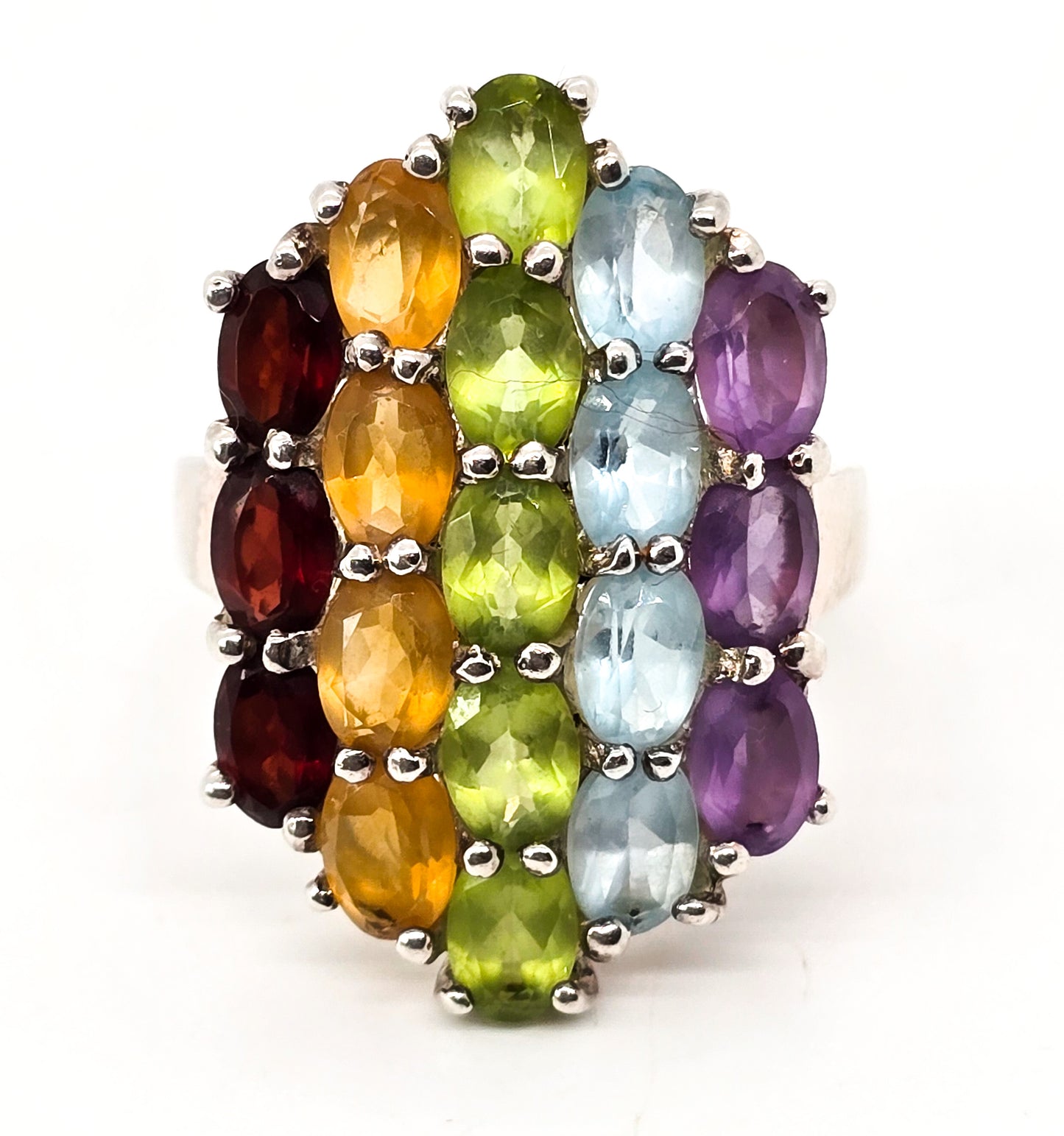 Rainbow gemstone garnet, citrine, peridot, topaz, amethyst large sterling silver ring size 9