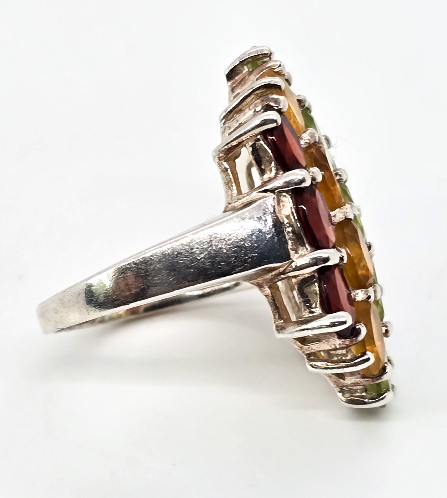 Rainbow gemstone garnet, citrine, peridot, topaz, amethyst large sterling silver ring size 9