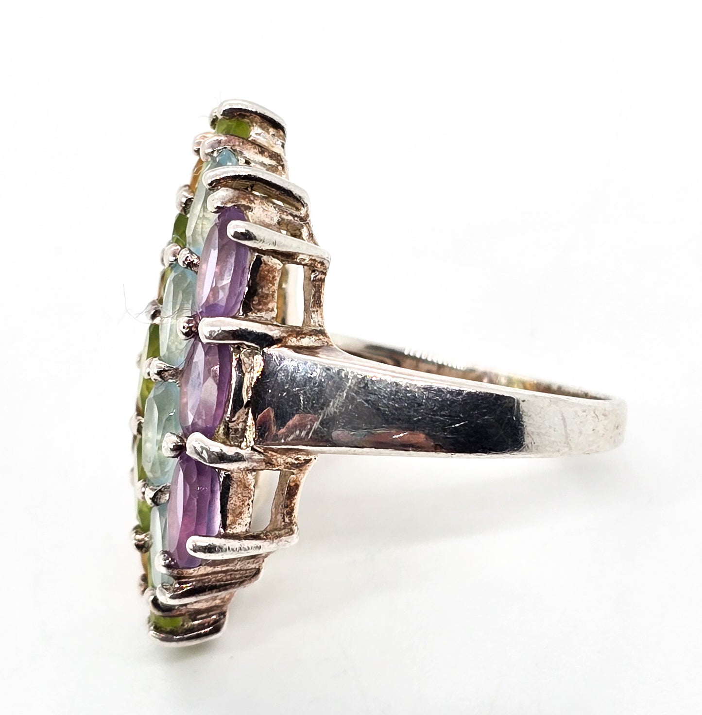 Rainbow gemstone garnet, citrine, peridot, topaz, amethyst large sterling silver ring size 9