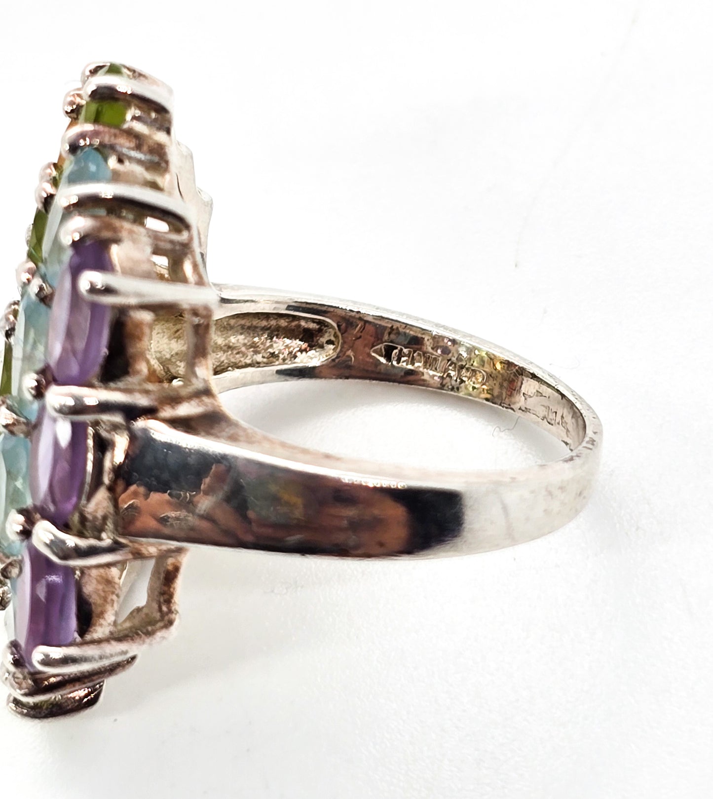 Rainbow gemstone garnet, citrine, peridot, topaz, amethyst large sterling silver ring size 9