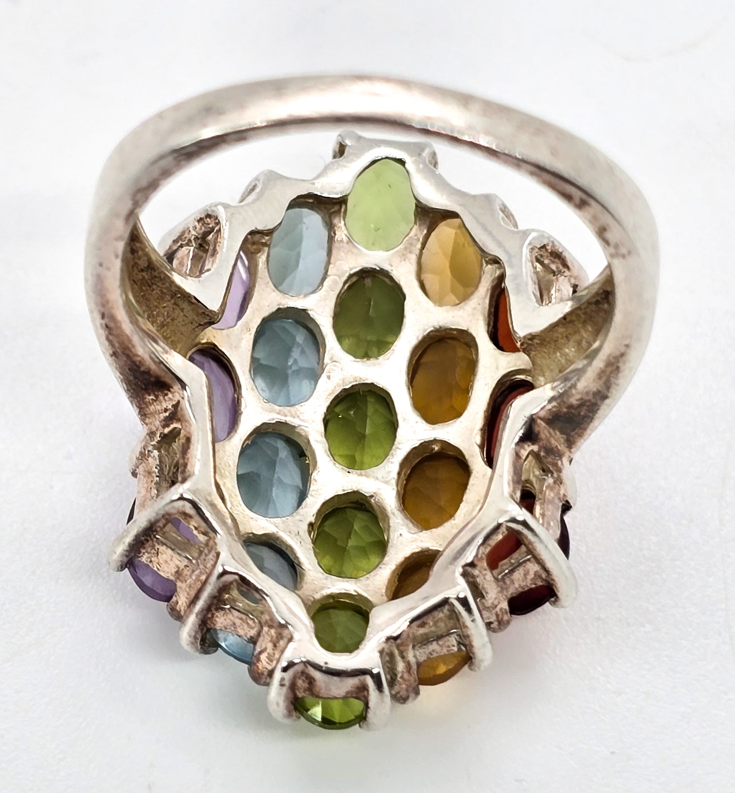 Rainbow gemstone garnet, citrine, peridot, topaz, amethyst large sterling silver ring size 9