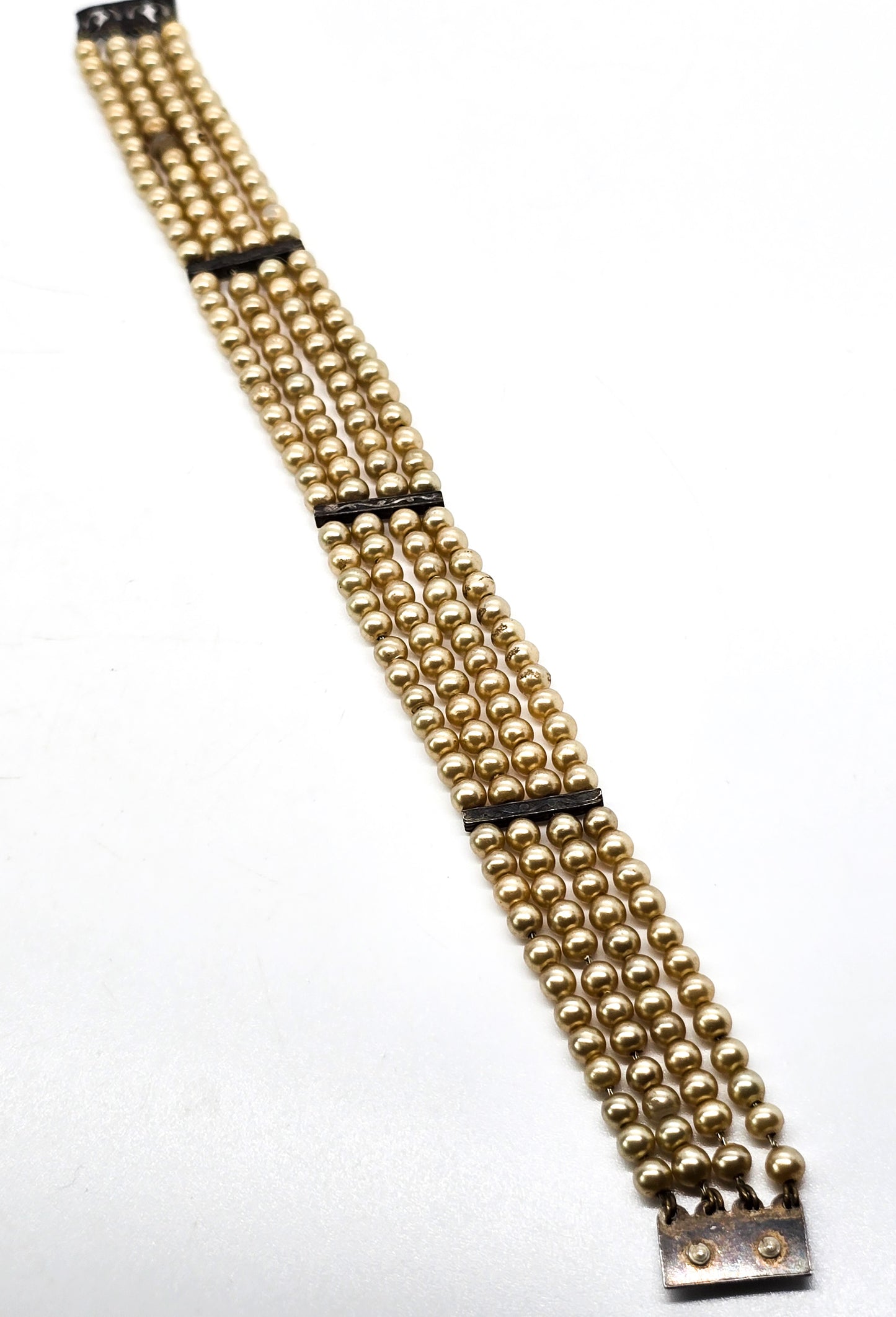 Art Deco faux pearl antique sterling silver 4 strand snap clasp bracelet