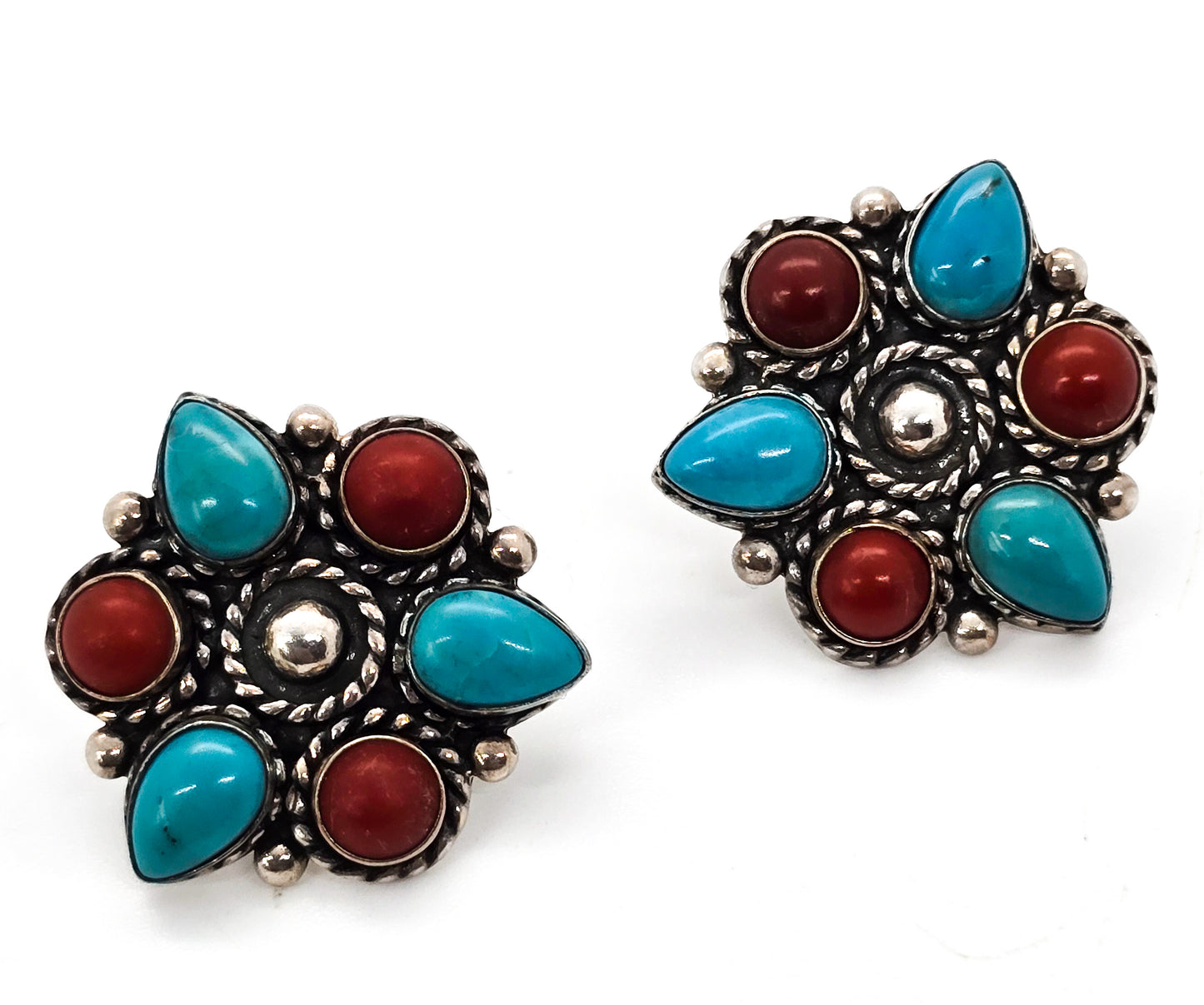 QT Quoc Turquoise Turquoise and Red Coral sterling silver vintage stud earrings