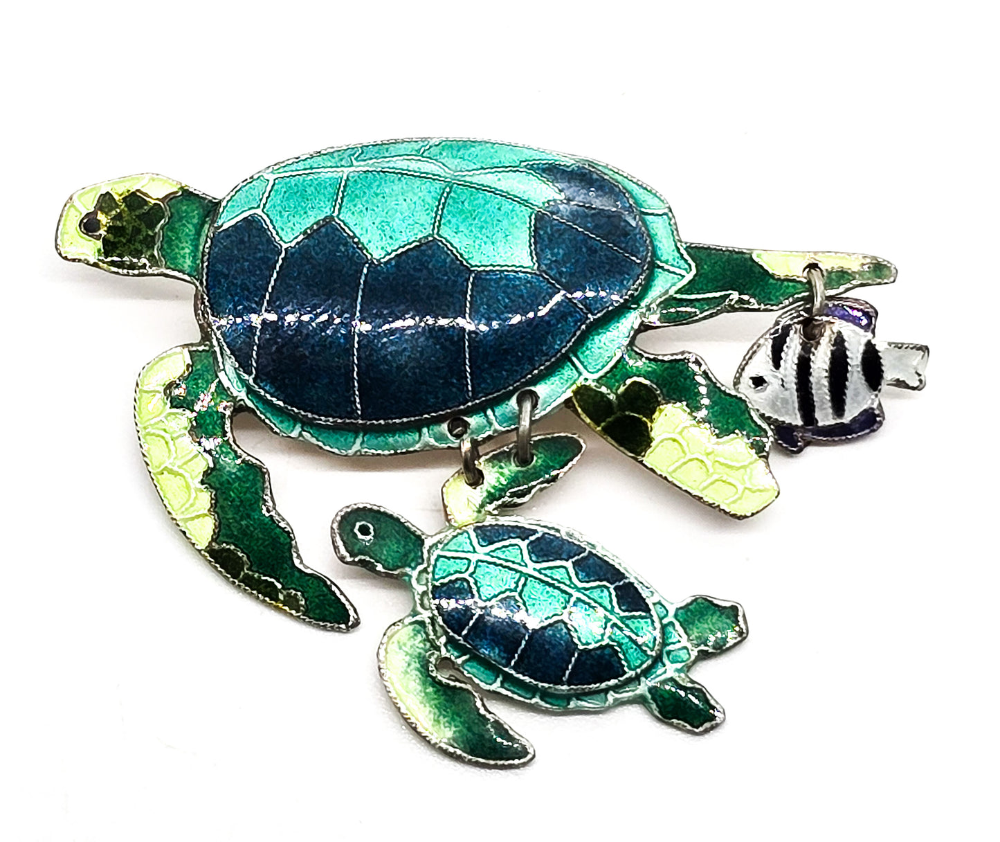Sea turtle and baby Sheepshead enamel Sea life sterling silver pendant brooch