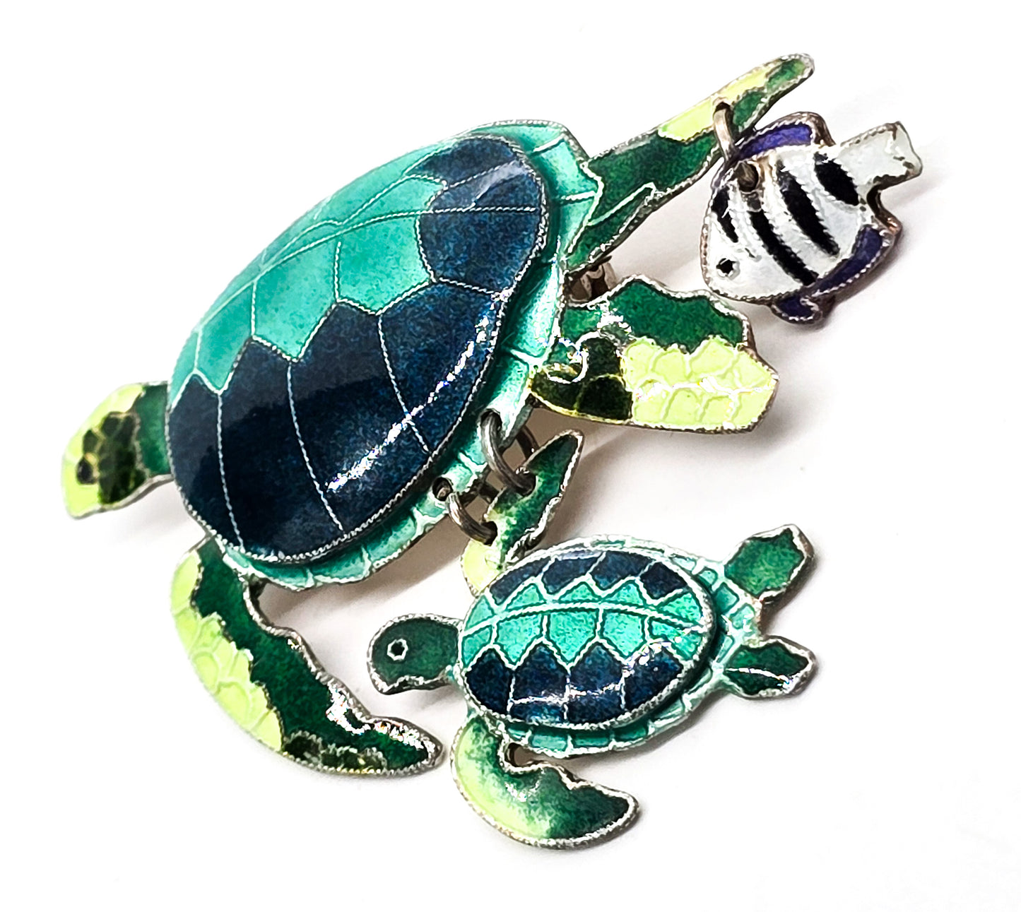 Sea turtle and baby Sheepshead enamel Sea life sterling silver pendant brooch