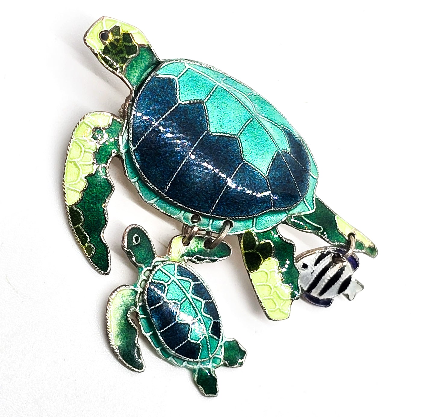 Sea turtle and baby Sheepshead enamel Sea life sterling silver pendant brooch
