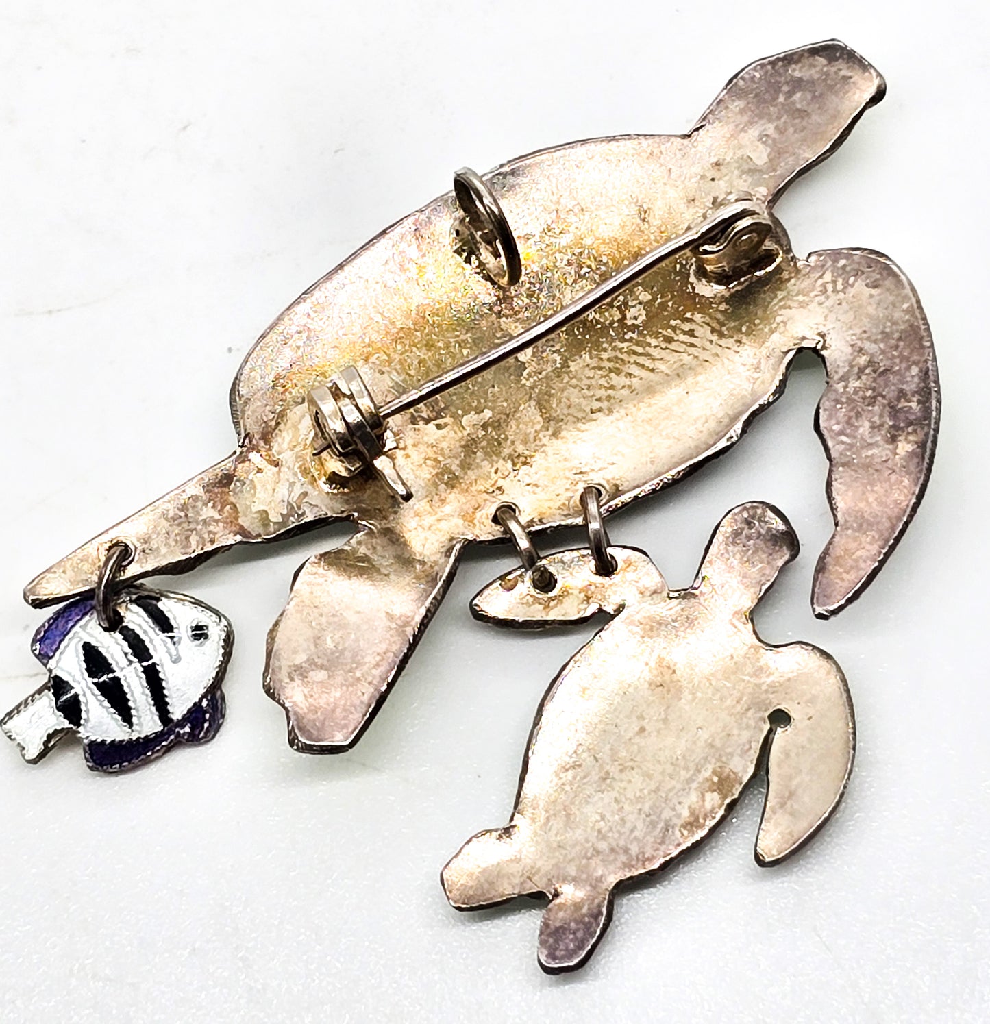 Sea turtle and baby Sheepshead enamel Sea life sterling silver pendant brooch