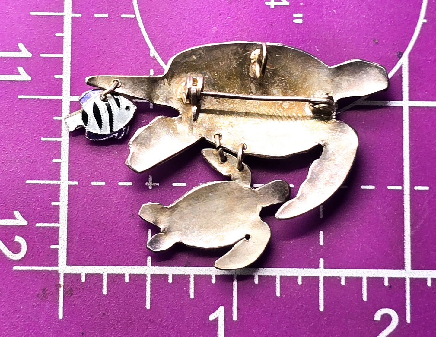 Sea turtle and baby Sheepshead enamel Sea life sterling silver pendant brooch