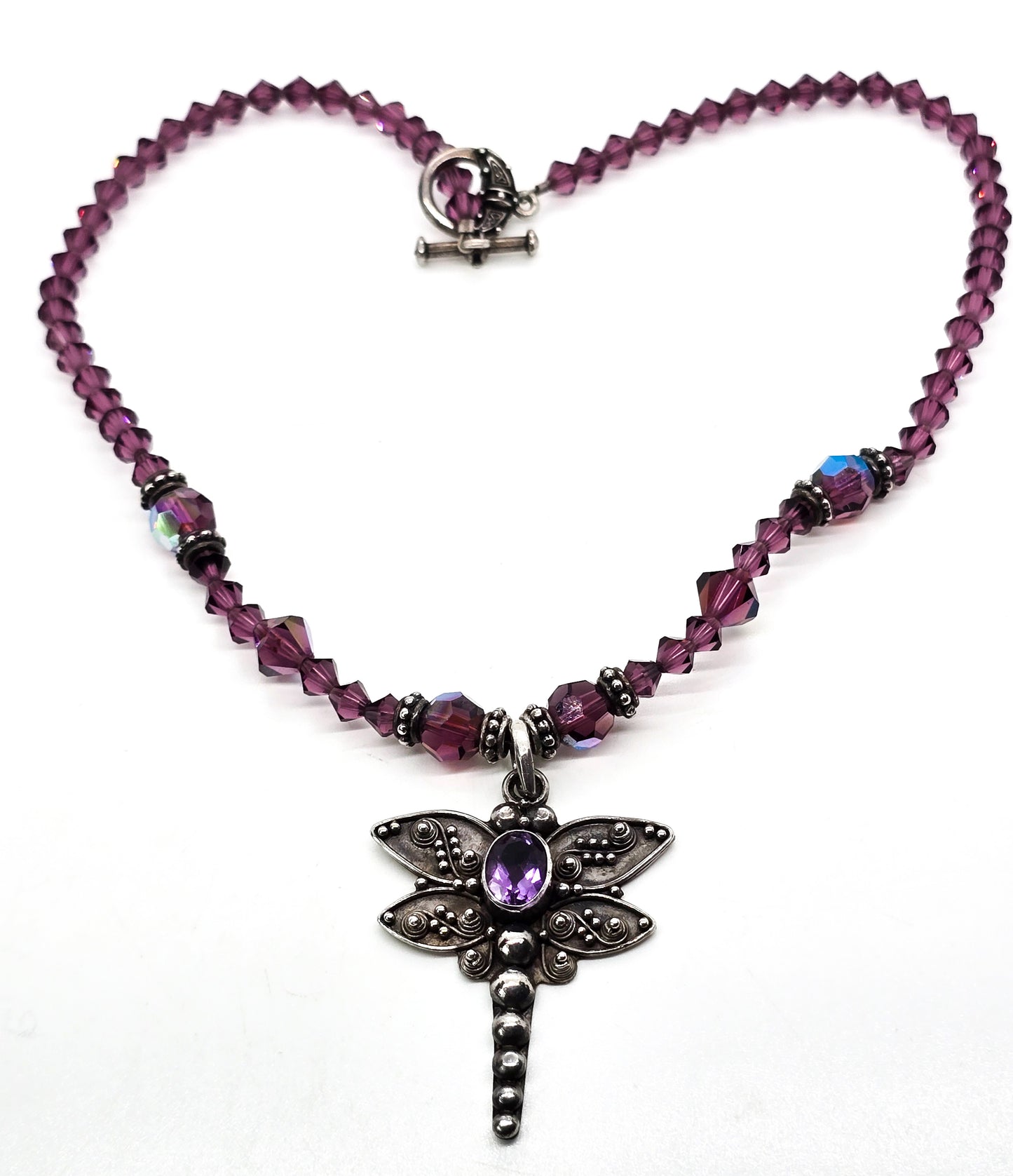 Dragonfly Amethyst tribal sterling silver and Swarovski crystal toggle clasp necklace