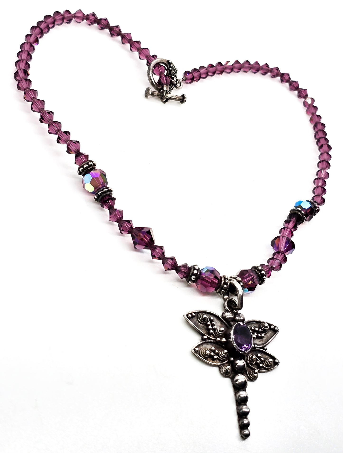Dragonfly Amethyst tribal sterling silver and Swarovski crystal toggle clasp necklace