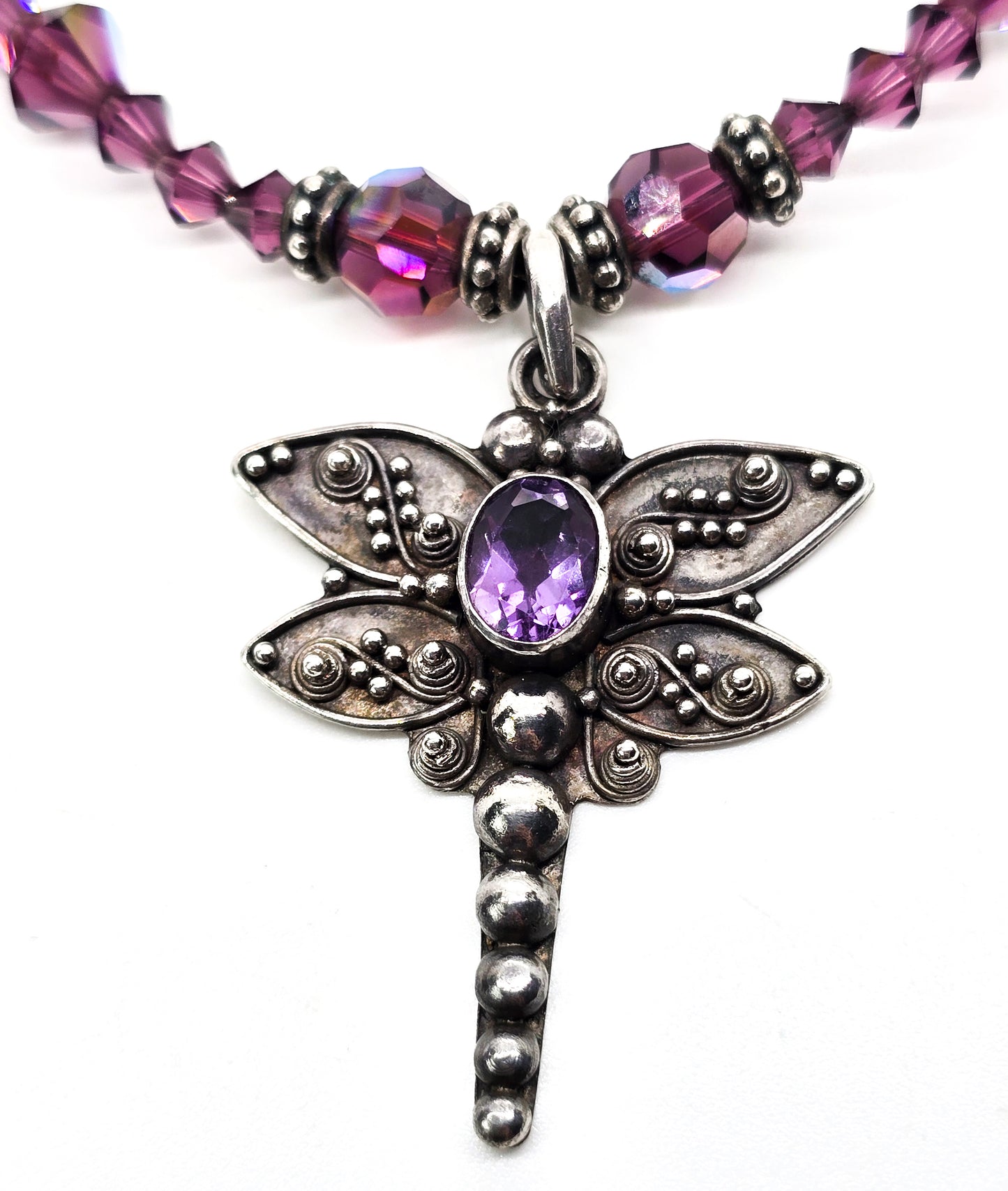 Dragonfly Amethyst tribal sterling silver and Swarovski crystal toggle clasp necklace
