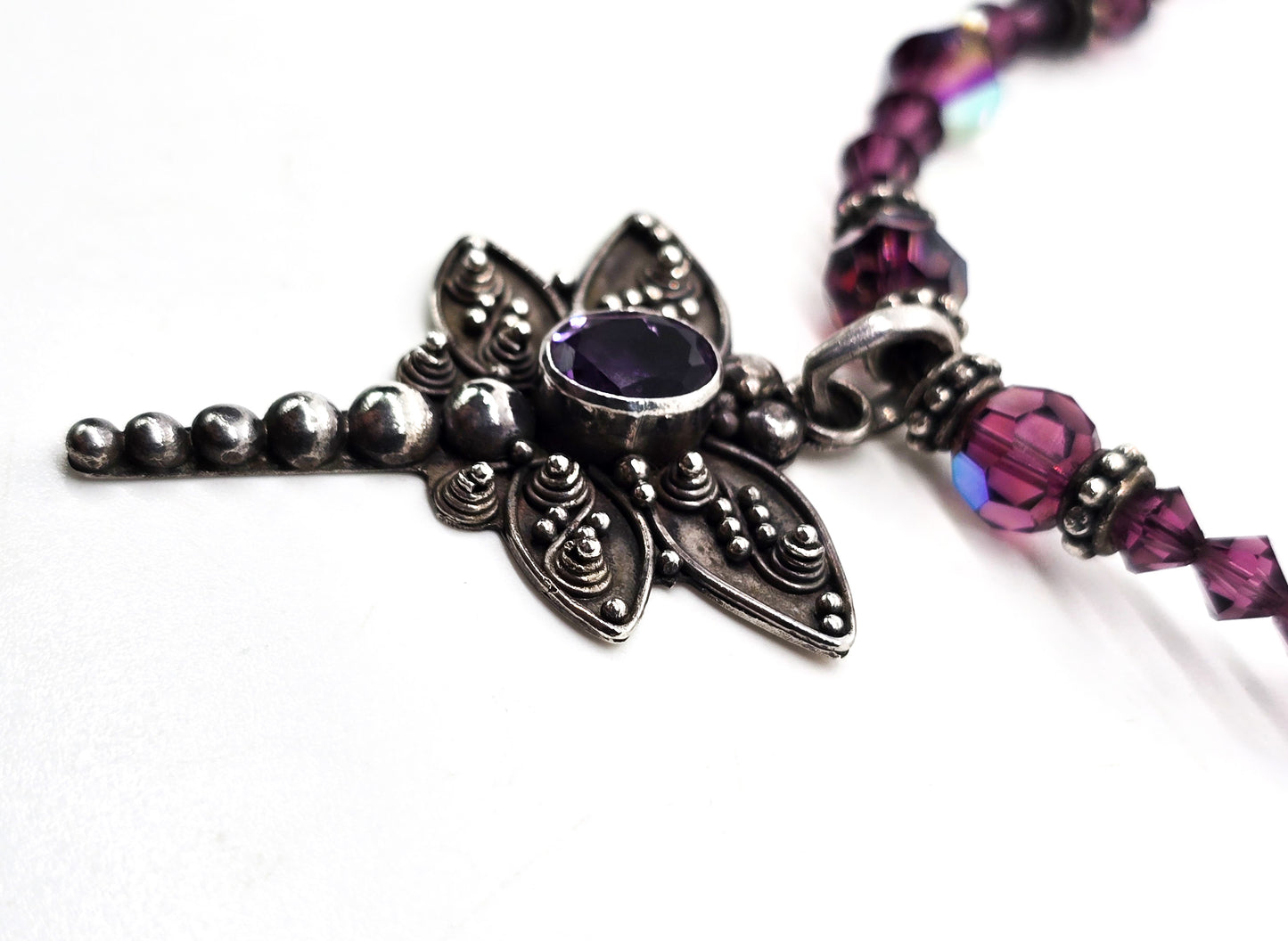 Dragonfly Amethyst tribal sterling silver and Swarovski crystal toggle clasp necklace