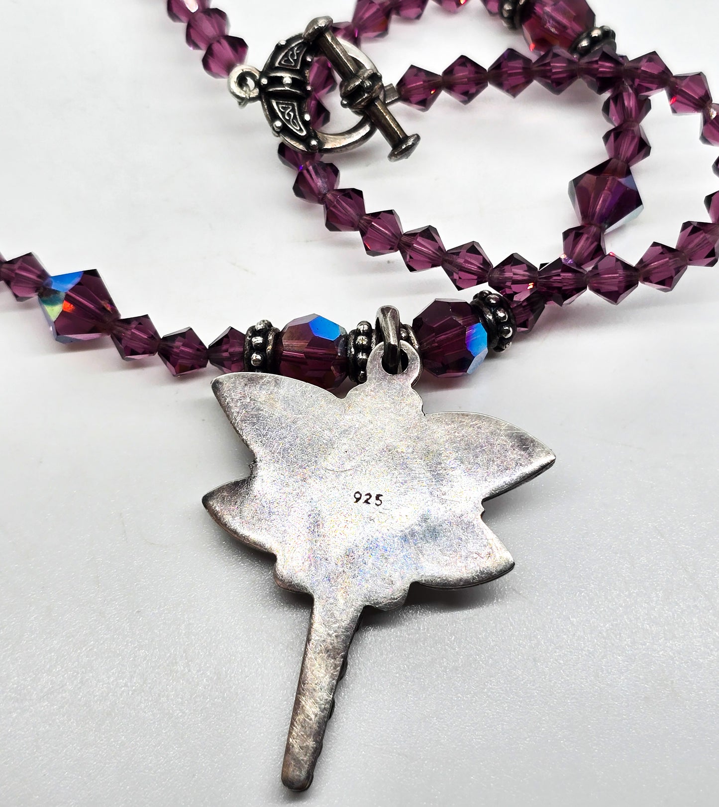 Dragonfly Amethyst tribal sterling silver and Swarovski crystal toggle clasp necklace