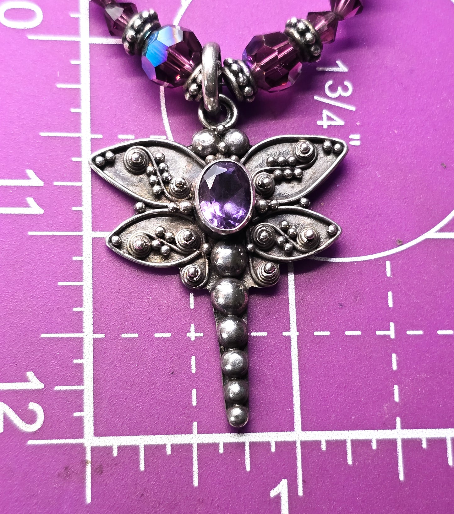 Dragonfly Amethyst tribal sterling silver and Swarovski crystal toggle clasp necklace