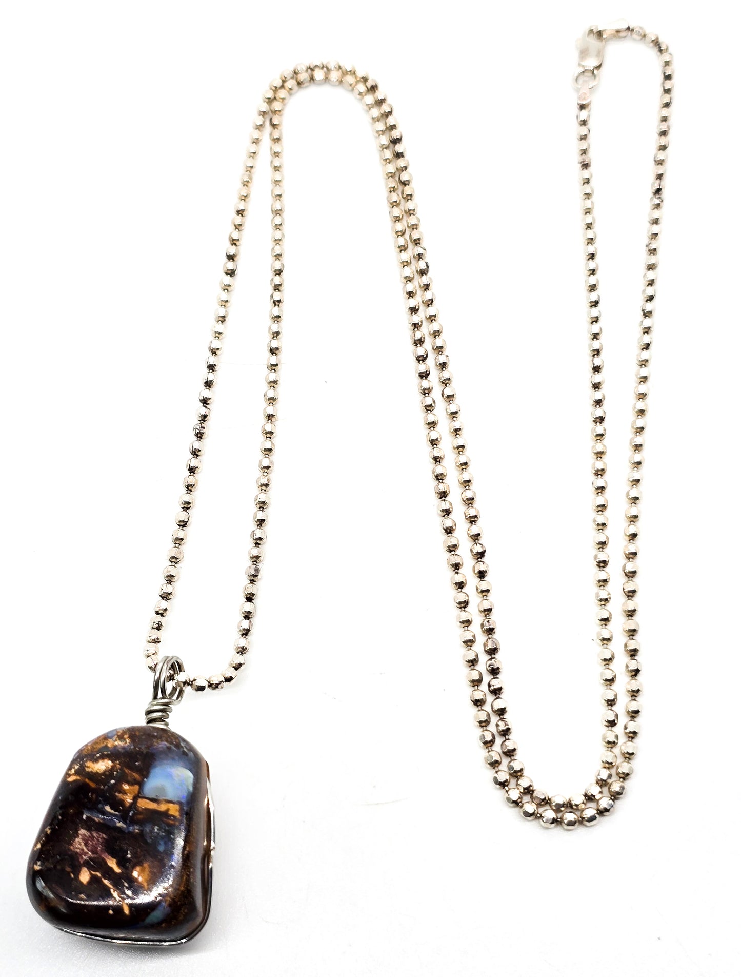 Australian Boulder Opal Large wire wrapped sterling silver pendant necklace