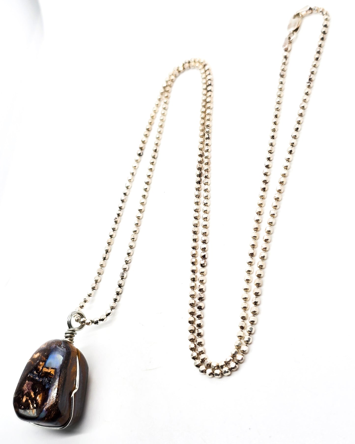 Australian Boulder Opal Large wire wrapped sterling silver pendant necklace