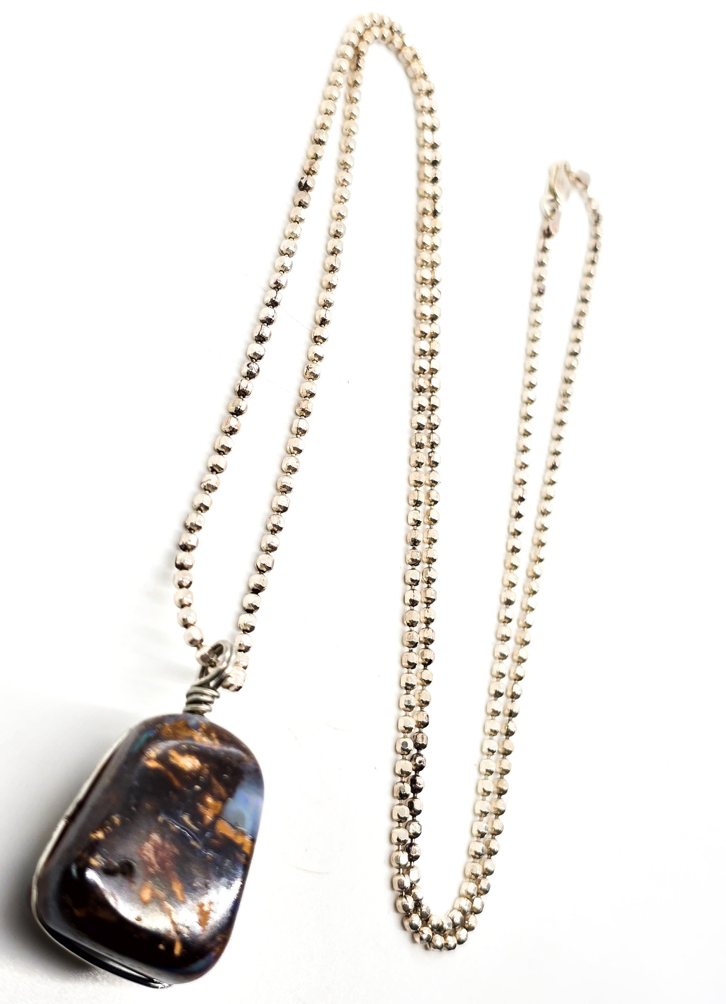 Australian Boulder Opal Large wire wrapped sterling silver pendant necklace