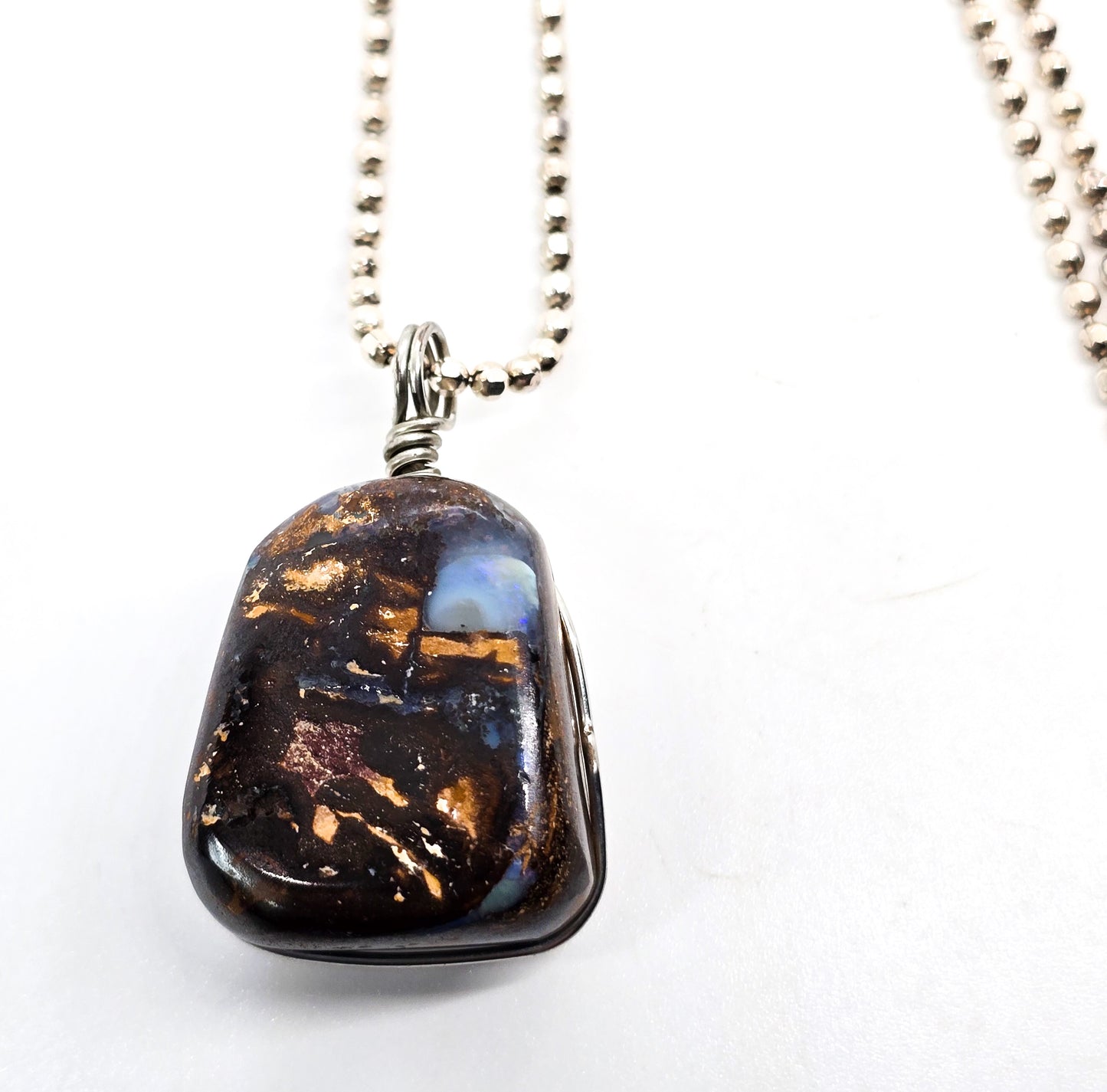 Australian Boulder Opal Large wire wrapped sterling silver pendant necklace
