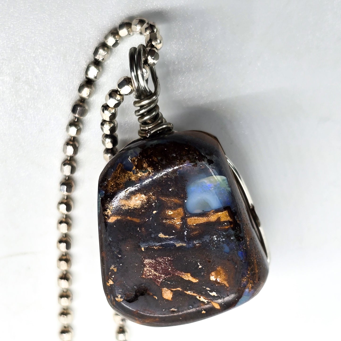 Australian Boulder Opal Large wire wrapped sterling silver pendant necklace
