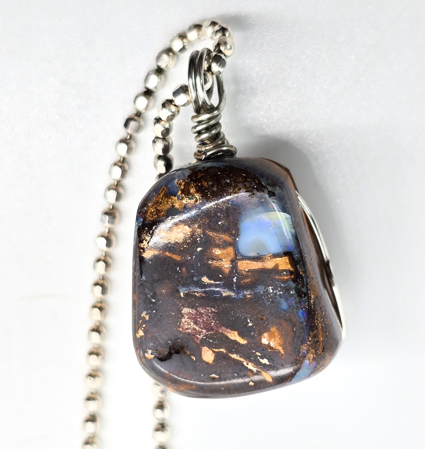 Australian Boulder Opal Large wire wrapped sterling silver pendant necklace