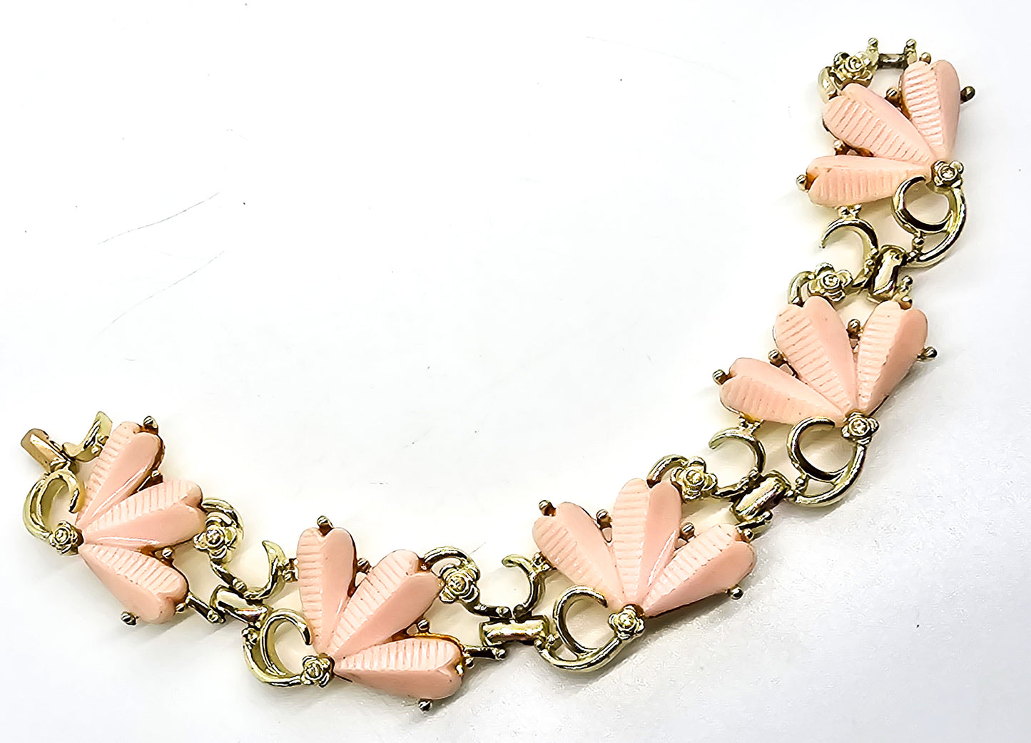 Bogoff Pink Thermoset and rhinestone vintage signed gold toned flower bracelet
