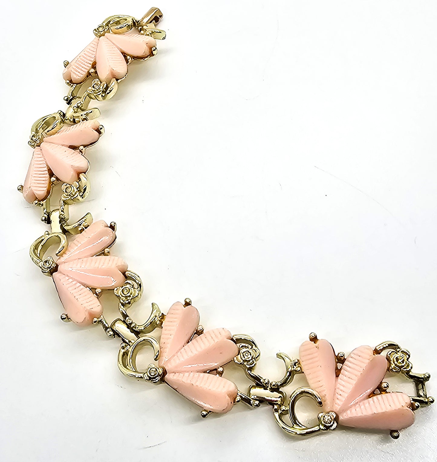 Bogoff Pink Thermoset and rhinestone vintage signed gold toned flower bracelet