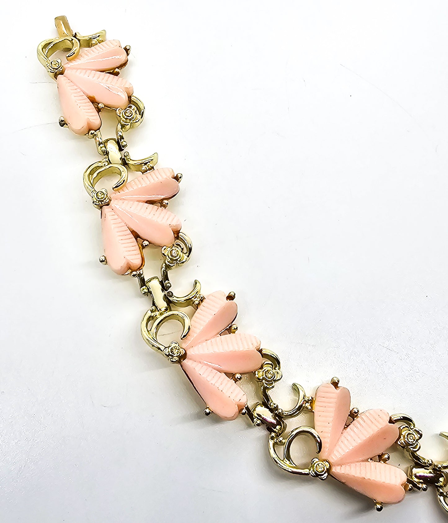 Bogoff Pink Thermoset and rhinestone vintage signed gold toned flower bracelet