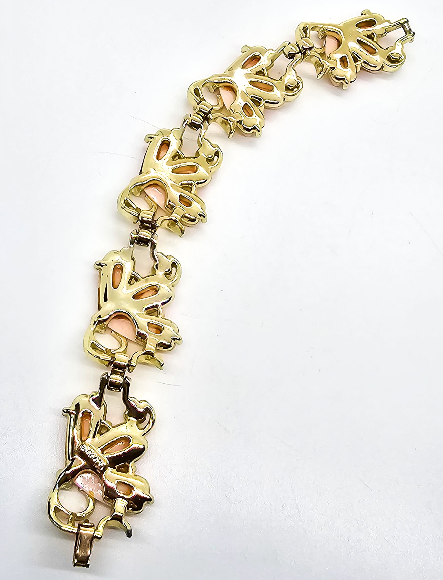 Bogoff Pink Thermoset and rhinestone vintage signed gold toned flower bracelet
