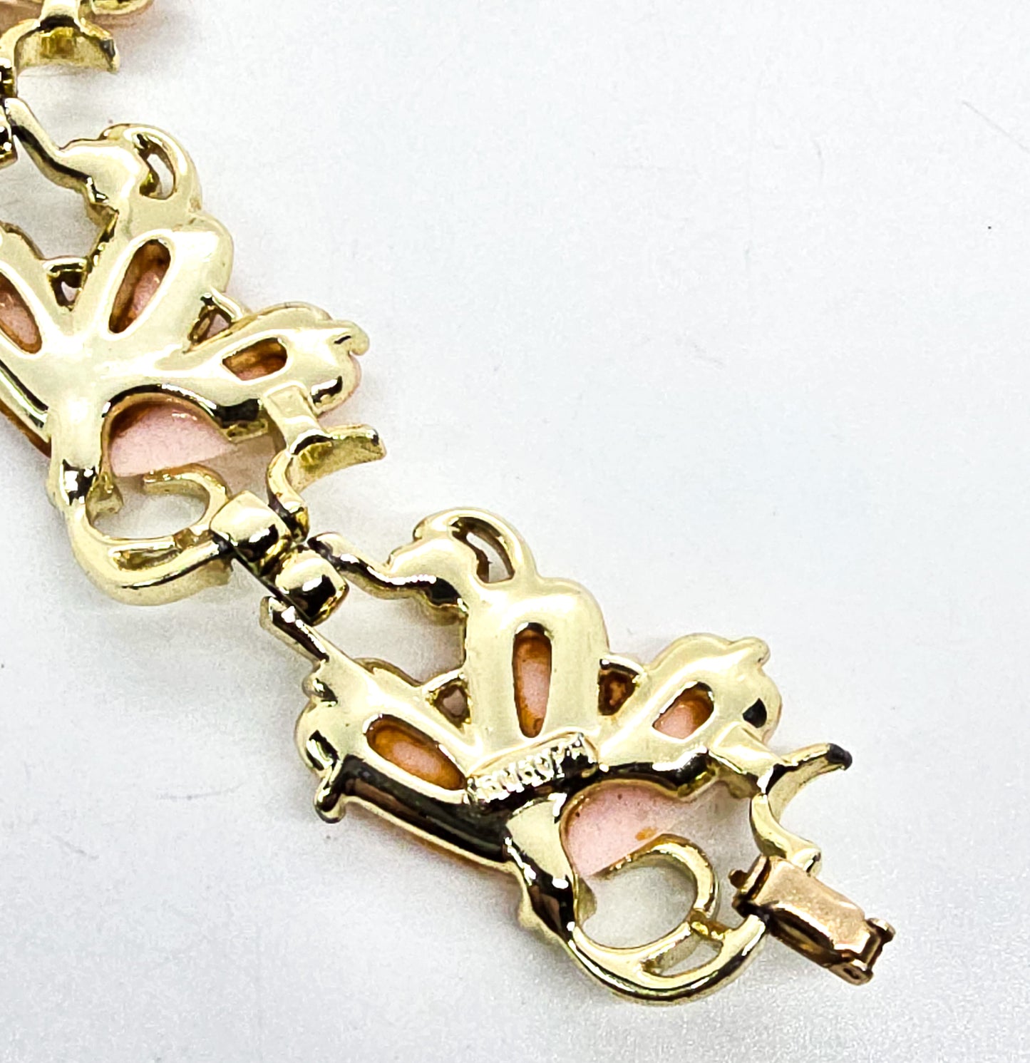 Bogoff Pink Thermoset and rhinestone vintage signed gold toned flower bracelet