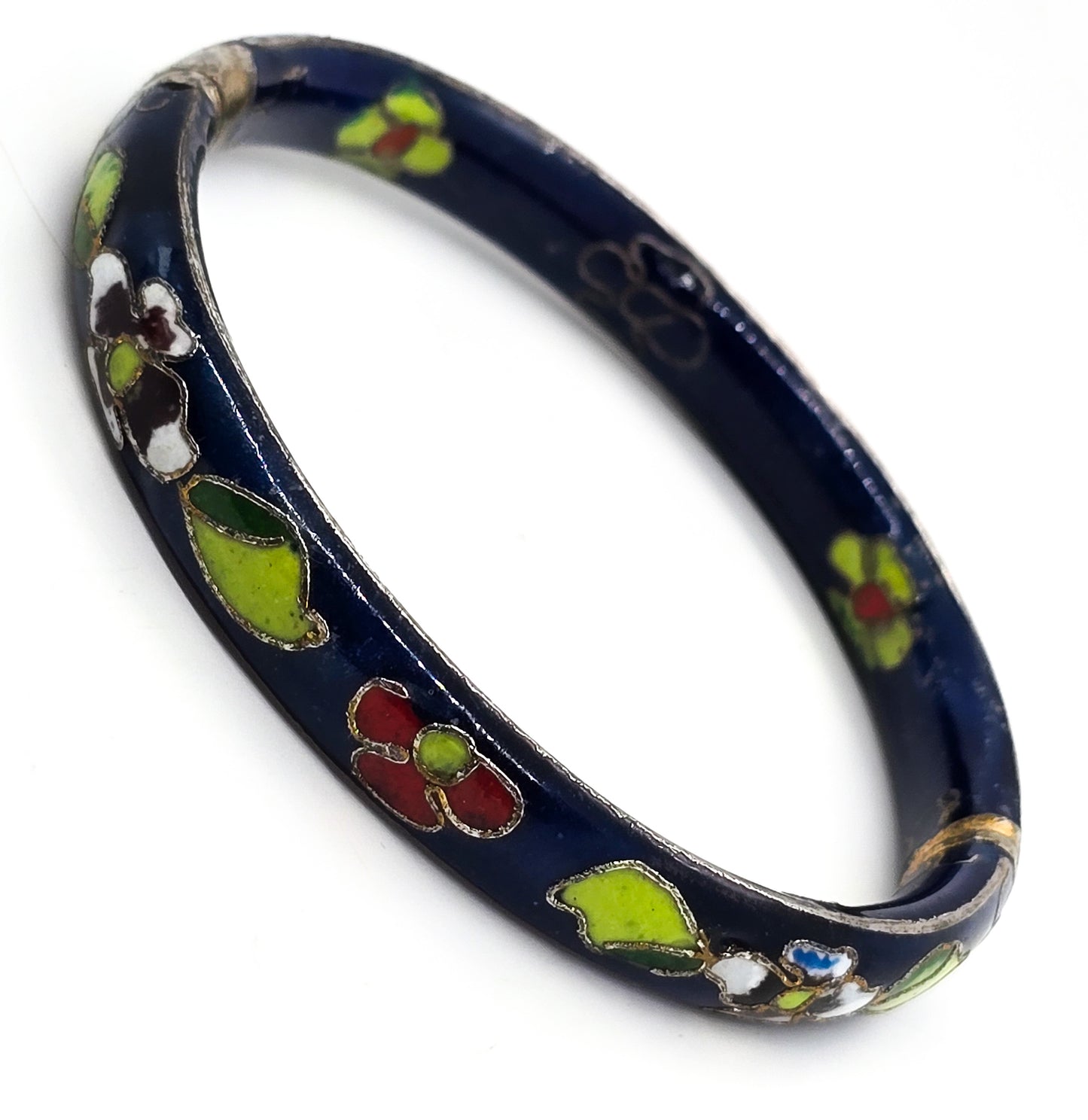 Blue Cloisonne enamel red and white flower vintage hinged bangle bracelet