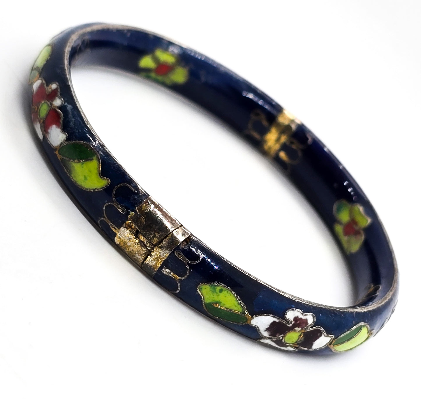 Blue Cloisonne enamel red and white flower vintage hinged bangle bracelet
