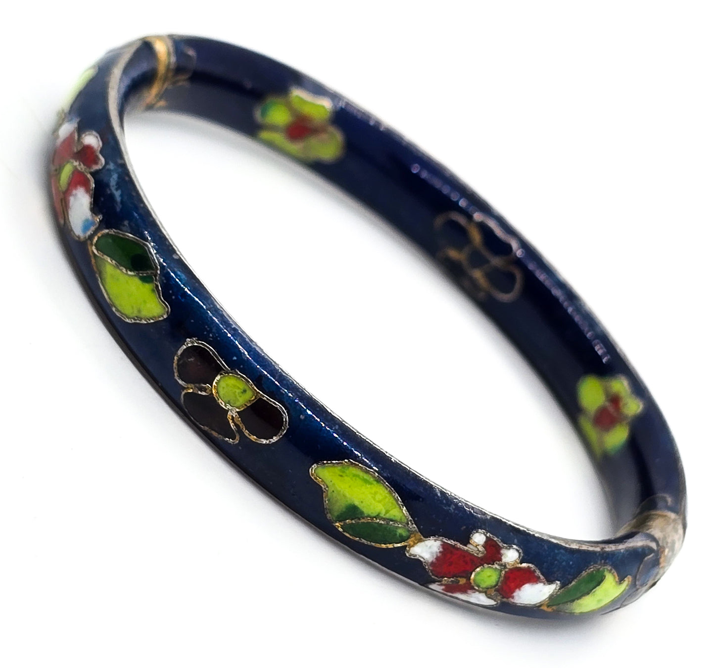 Blue Cloisonne enamel red and white flower vintage hinged bangle bracelet
