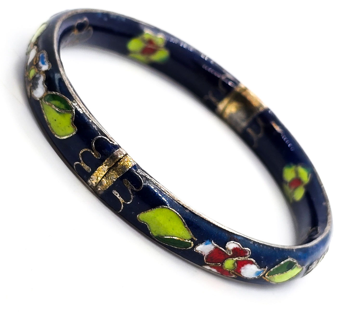 Blue Cloisonne enamel red and white flower vintage hinged bangle bracelet