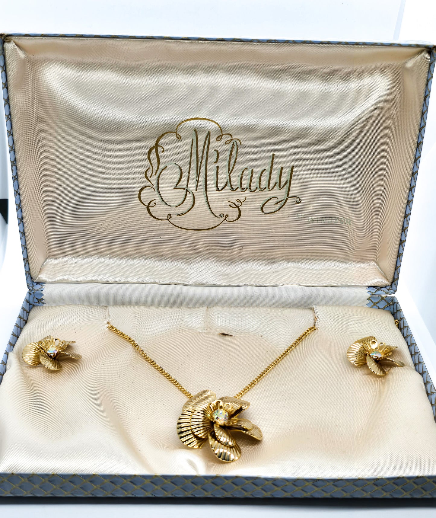 Milady Boxed gold Aurora Borealis vintage rhinestone earrings and necklace demi parure set
