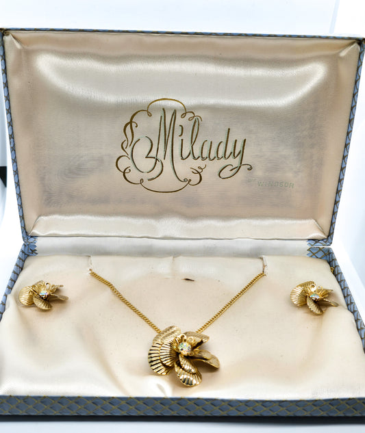 Milady Boxed gold Aurora Borealis vintage rhinestone earrings and necklace demi parure set