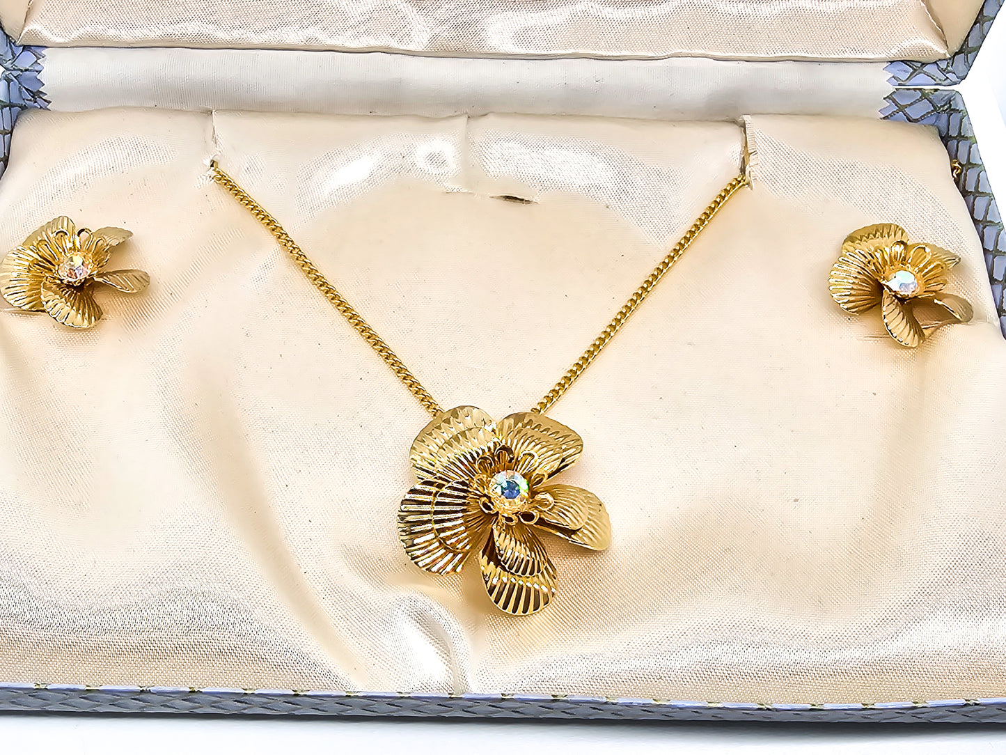 Milady Boxed gold Aurora Borealis vintage rhinestone earrings and necklace demi parure set