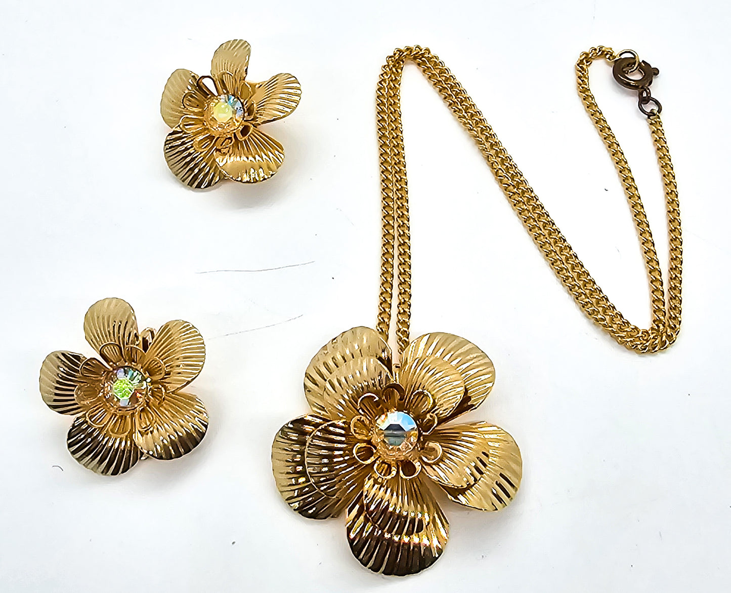 Milady Boxed gold Aurora Borealis vintage rhinestone earrings and necklace demi parure set