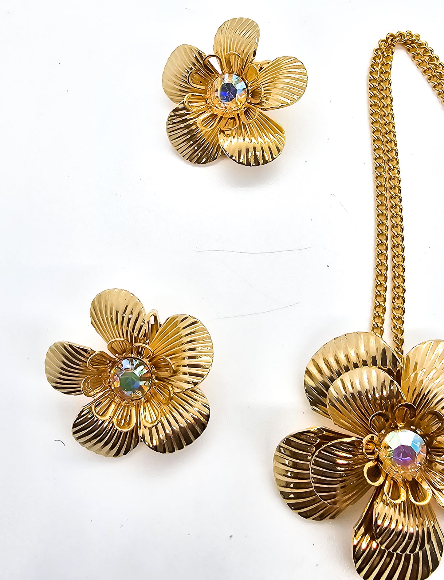 Milady Boxed gold Aurora Borealis vintage rhinestone earrings and necklace demi parure set