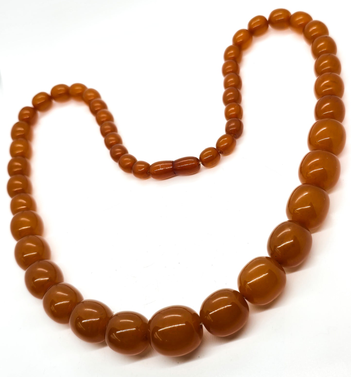 Butterscotch Baltic Amber antique beaded barrel clasp necklace 26.5 inch 69 grams