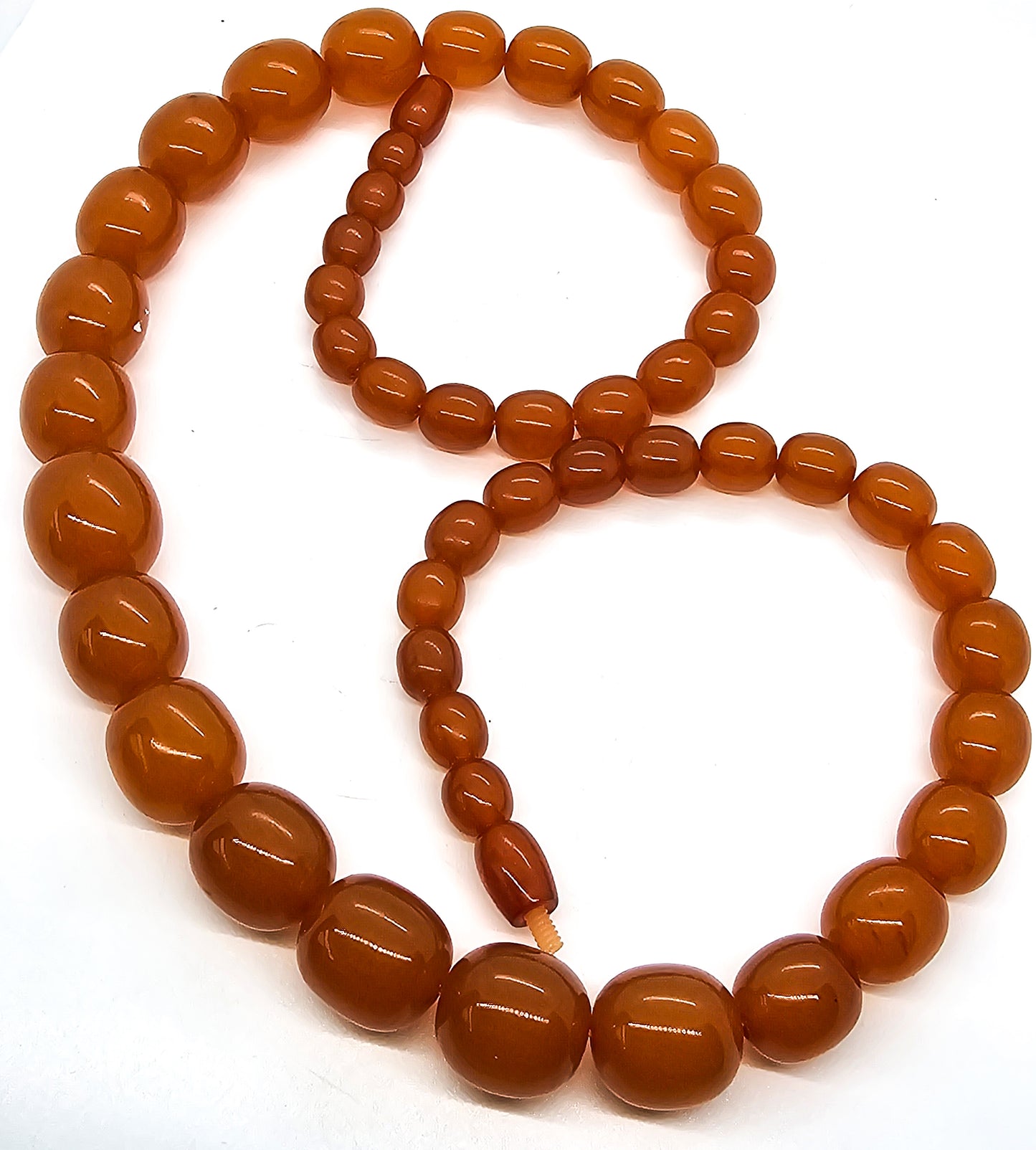 Butterscotch Baltic Amber antique beaded barrel clasp necklace 26.5 inch 69 grams