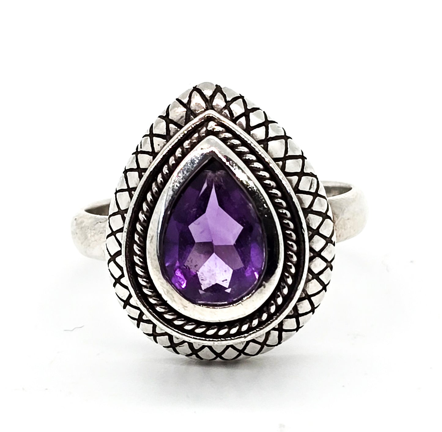Fadi Amethyst pear cut tribal Bali Balinese sterling silver ring size 8
