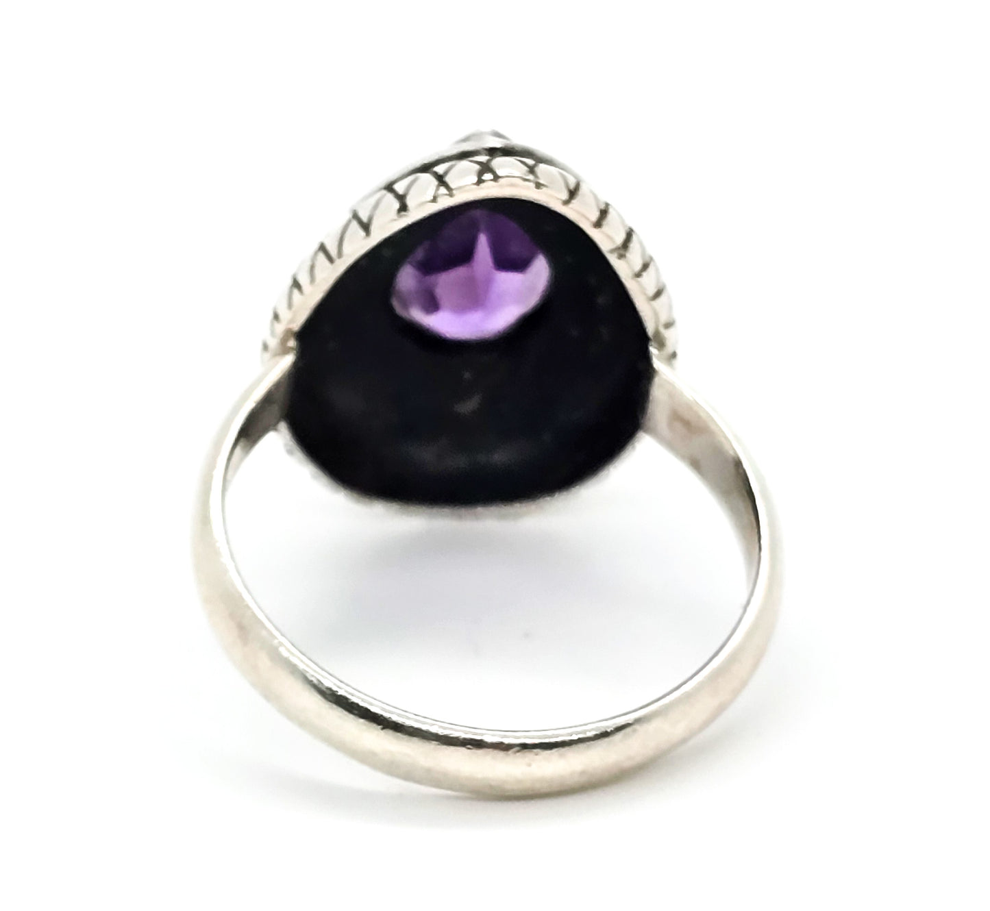 Fadi Amethyst pear cut tribal Bali Balinese sterling silver ring size 8
