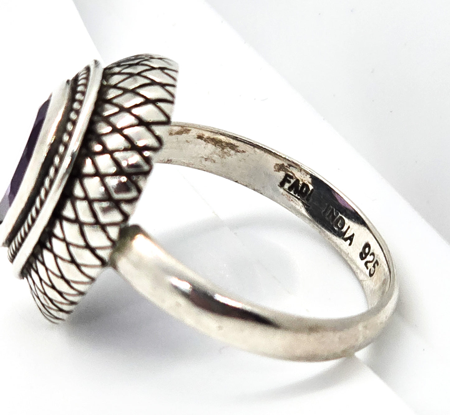 Fadi Amethyst pear cut tribal Bali Balinese sterling silver ring size 8