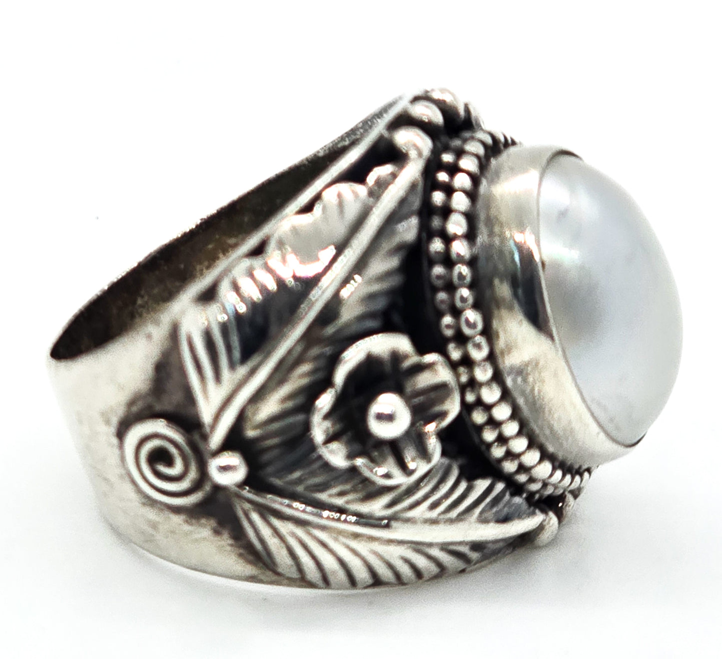 Meran Southwestern Pearl Tribal Feather ring Indonesia Sterling silver ring size 8